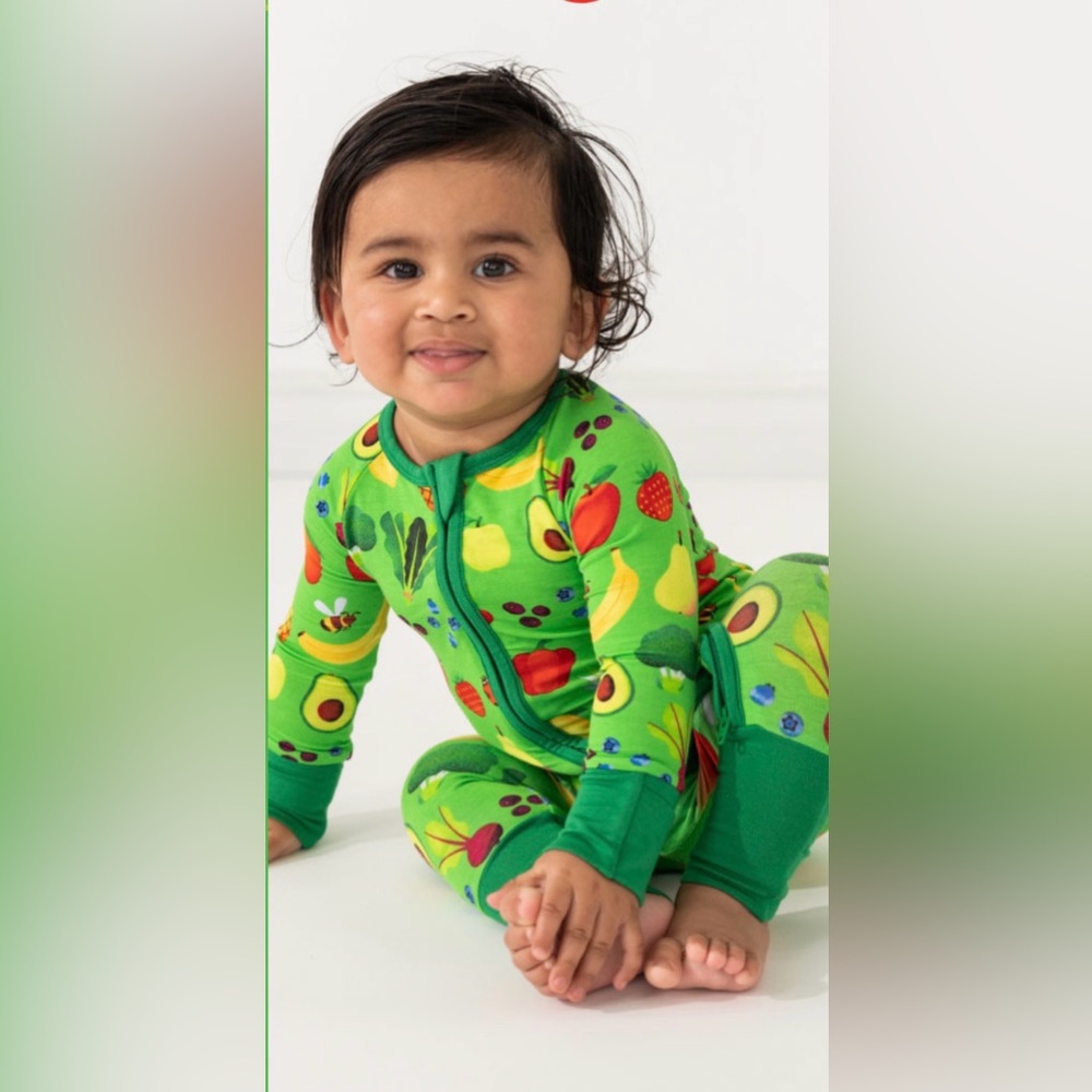 Little Sleepies Bamboo Footie + Once Upon a Farm collab Farm Fresh Print